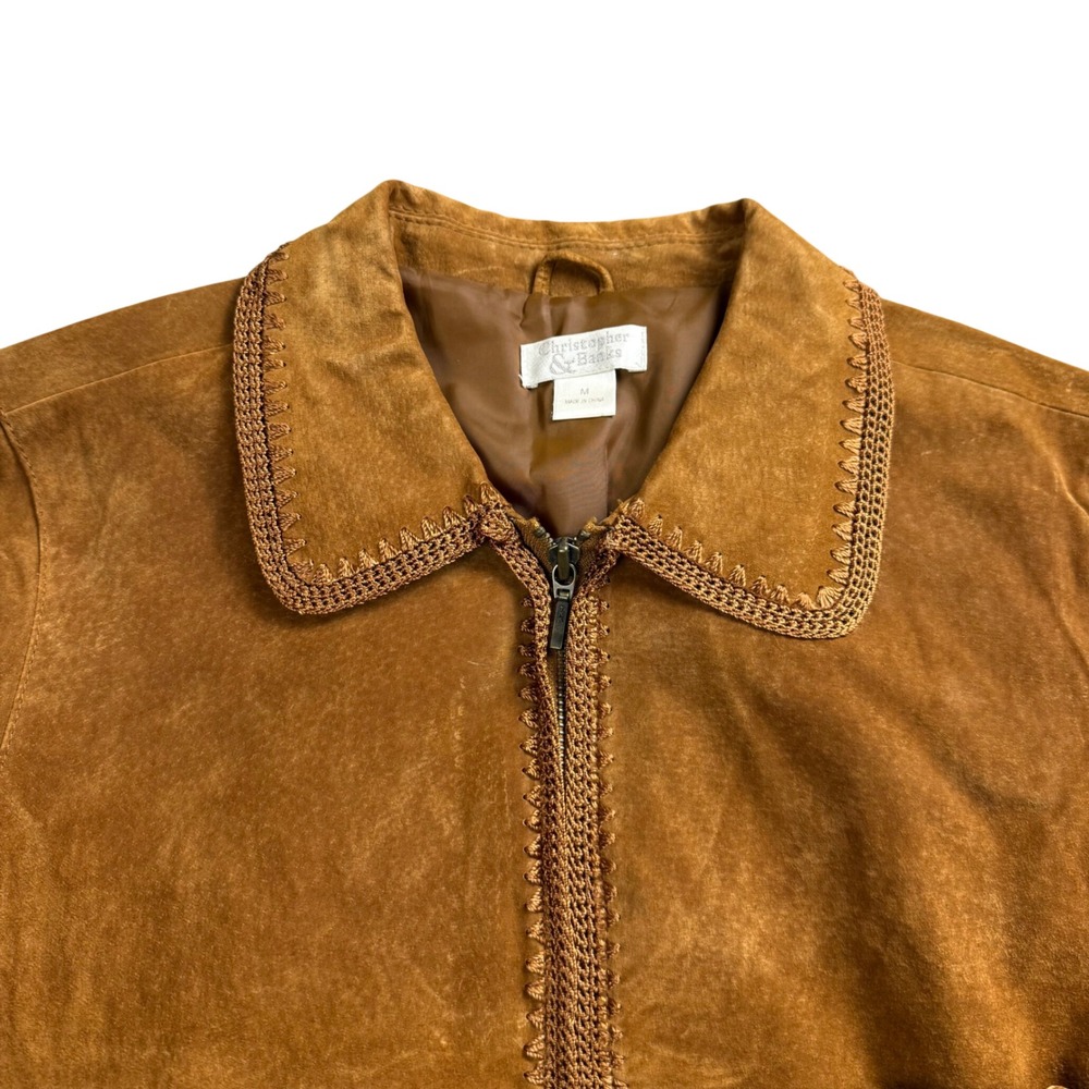 Christopher & Banks Suede Jacket Women Medium Brown Boho Embroidered Zip Up - Picture 3 of 6